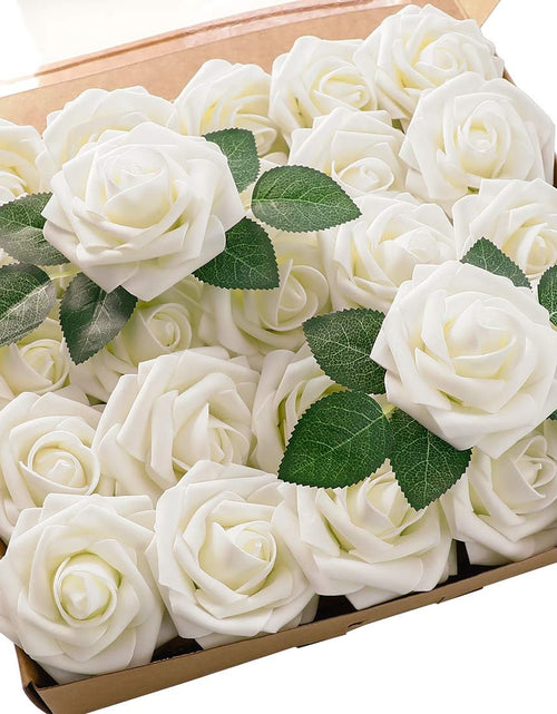 Load image into Gallery viewer, 25pcs Real Looking Ivory Foam Fake Roses with Stems for DIY Wedding Bouquets
