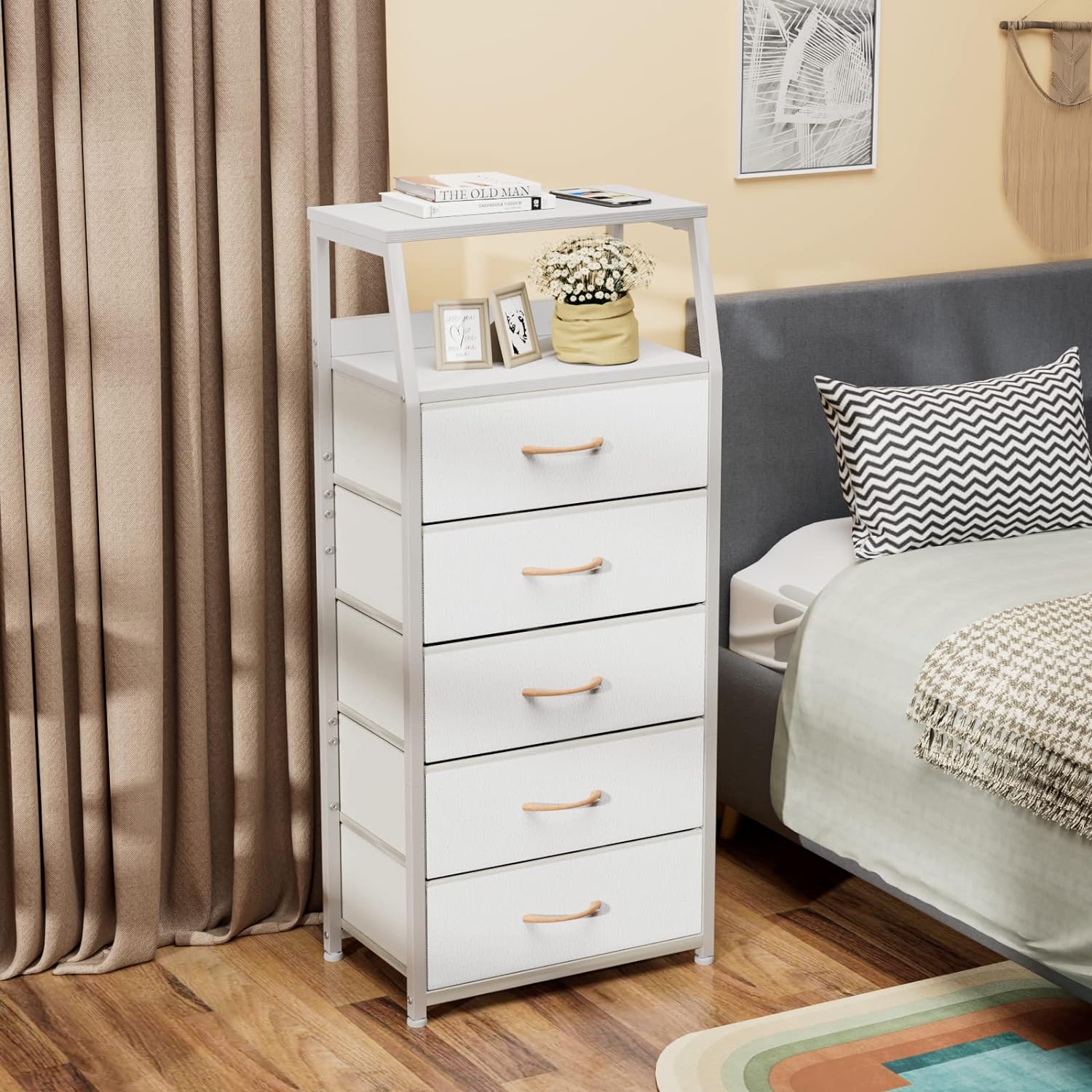 White Dresser with 5 Drawers, Vertical Storage Tower Fabric Dresser for Bedroom,  Wood Top, White