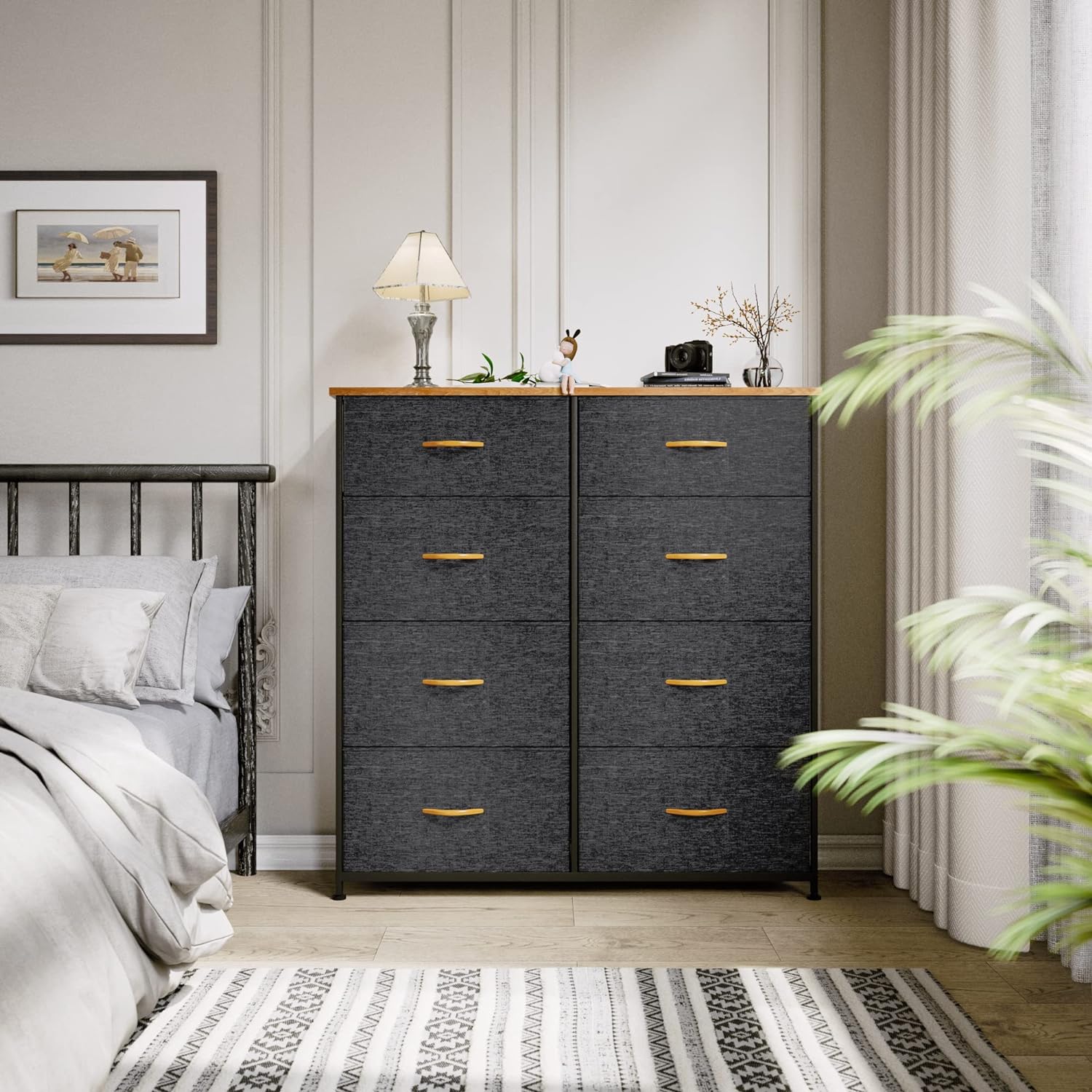 Tall Dresser with 8 Drawers, Storage Tower with Fabric Bins, Sturdy Steel Frame, Wooden Top (Dark Grey)