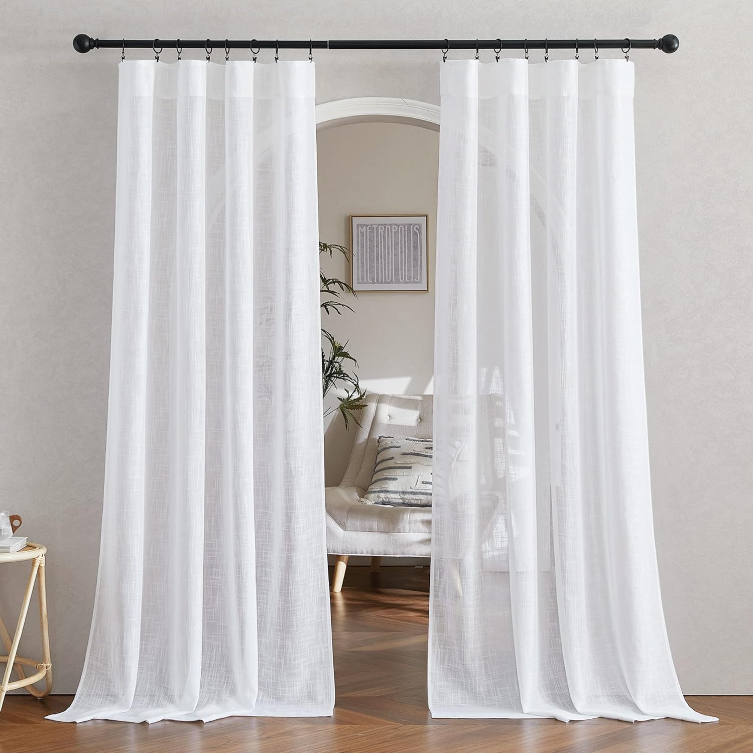 White Linen Sheer Curtains and Drapes 84 inches Long for Sliding Glass Door & Living Room, 52"W, Set of 2