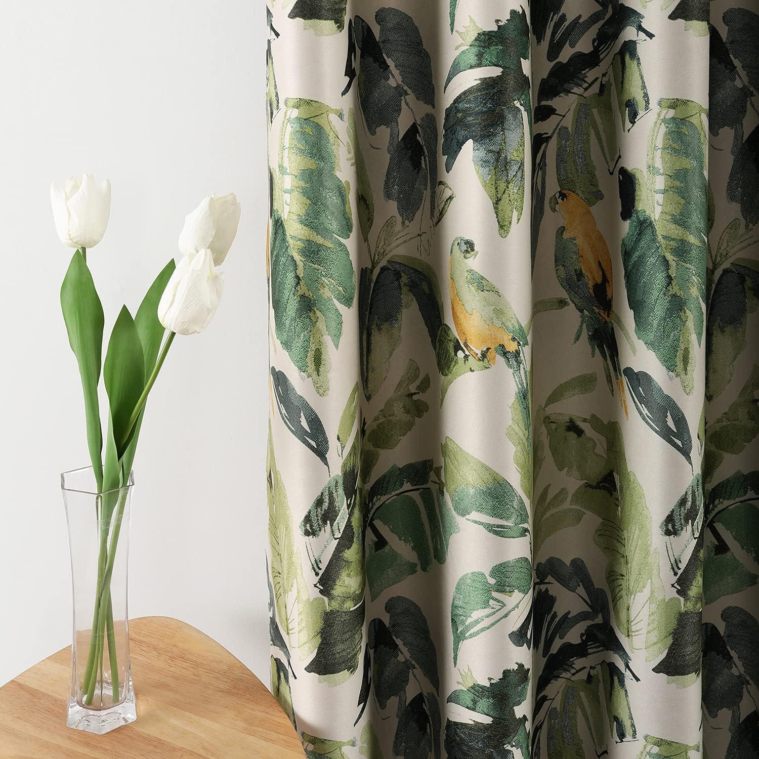 Vivid Leaves Print Thermal Insulated Window Treatment Room Darkening Curtain Drapes, 2 Panels, 52 x 96, Green