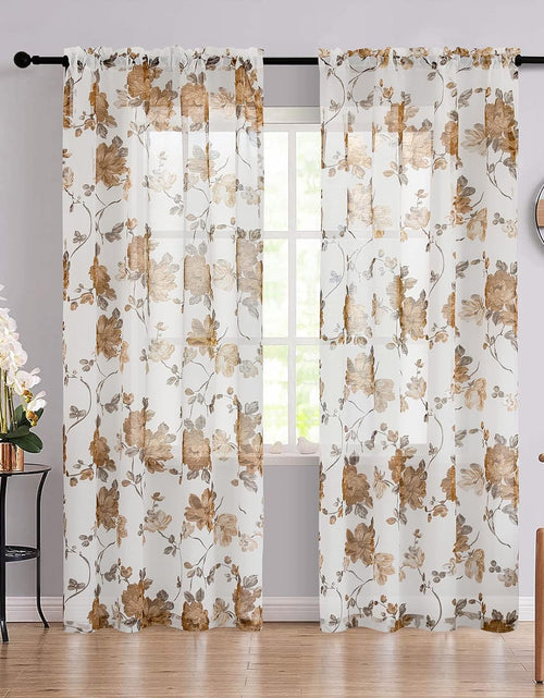 Load image into Gallery viewer, Vintage Floral Curtains 84 Inch Length 2 Panels Set for Living Room Bedroom Rod Pocket Semi Sheer,  Taupe on White
