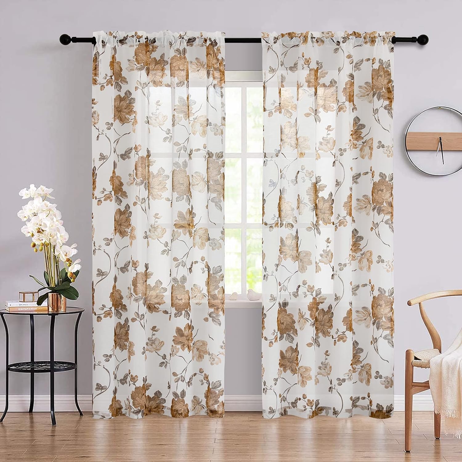 Vintage Floral Curtains 84 Inch Length 2 Panels Set for Living Room Bedroom Rod Pocket Semi Sheer,  Taupe on White