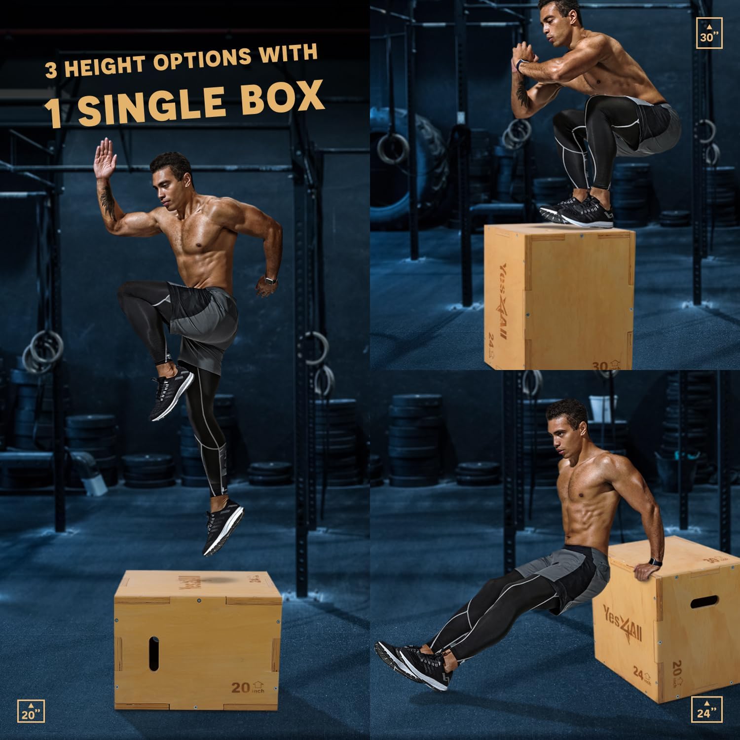 3 in 1 Wooden Plyo Box - Holds Up to 450lbs - Versatile Plyometric Jump Box, Wood Basic