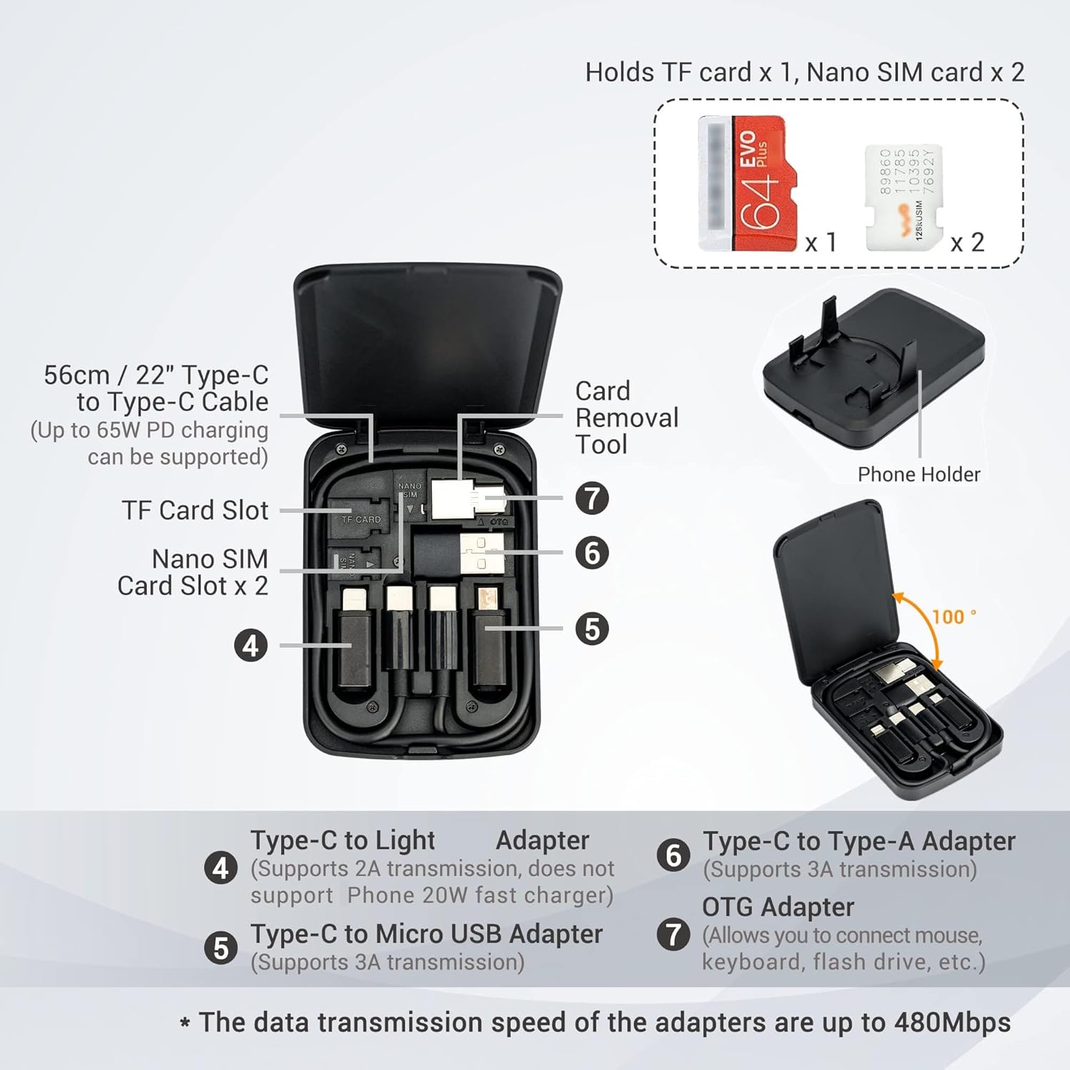 Multi-Functional Compact Cable Card with 22" USB-C Cable & USB-A/Micro-USB/Light/OTG USB Adapter Kit