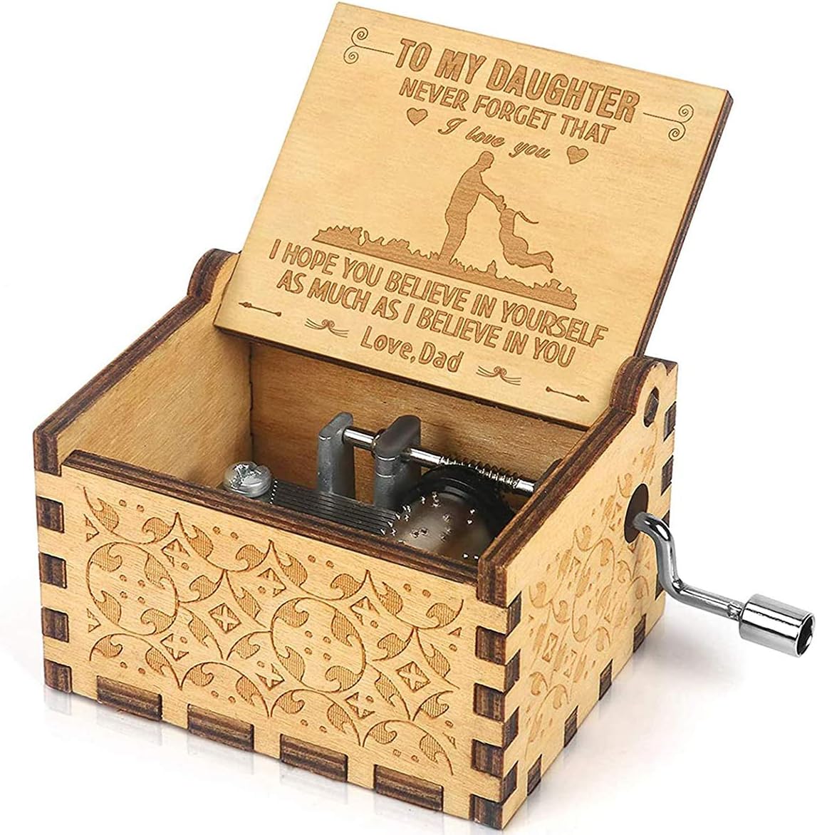 Music Box Gift for Daughter from Dad, Hand Crank Wooden Musical Box