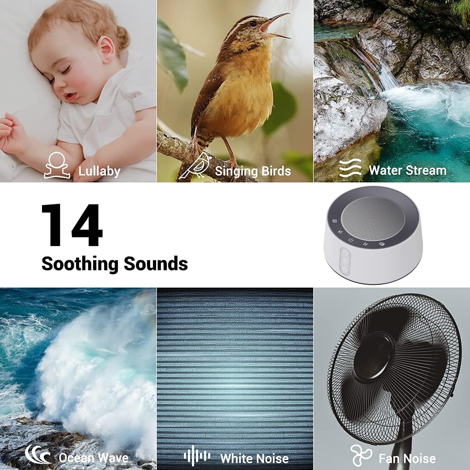 White Noise Sound Machine with 14 Soothing Sounds and 10 Levels Night Light for Sleeping, White