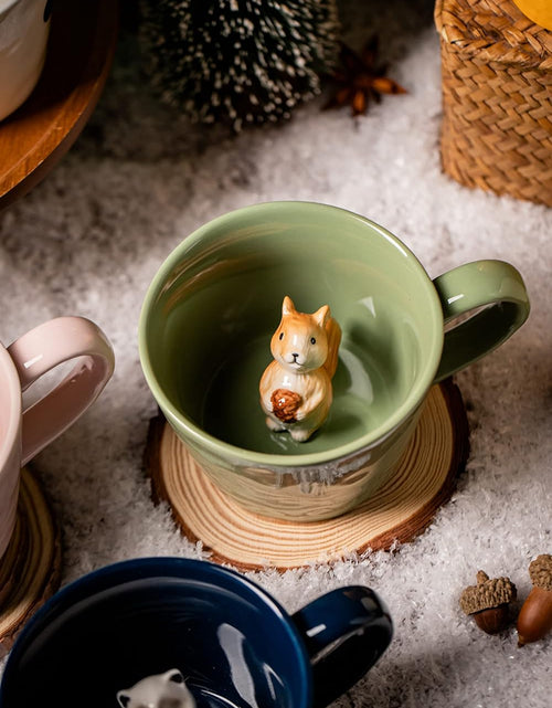 Load image into Gallery viewer, Squirrel Ceramic Cup Hidden 3D Animal Inside Mug,Cute Cartoon Handmade Figurine Mugs, 12 OZ (Light Green)
