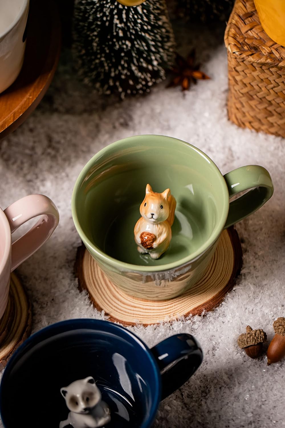 Squirrel Ceramic Cup Hidden 3D Animal Inside Mug,Cute Cartoon Handmade Figurine Mugs, 12 OZ (Light Green)