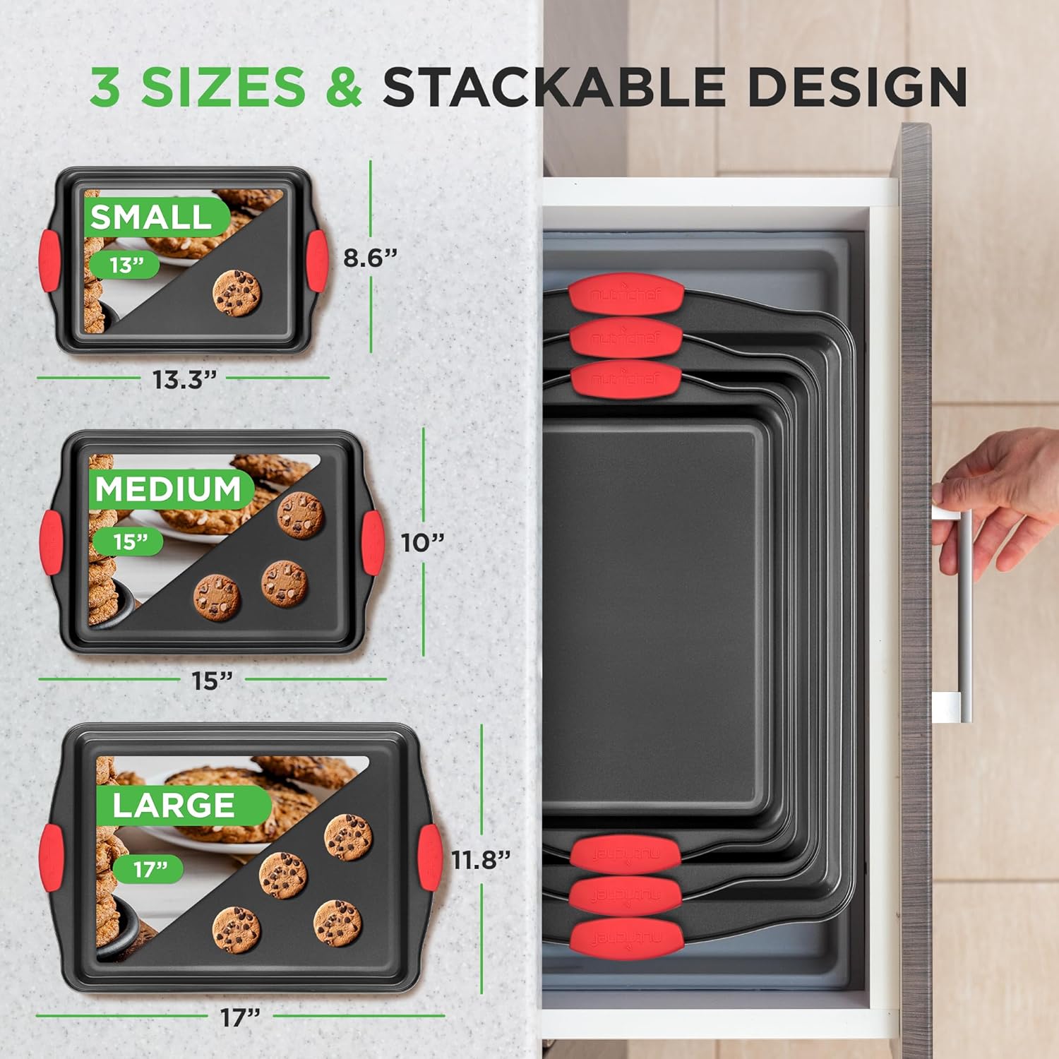 3-Piece Nonstick Kitchen Oven Baking Pans - Premium & Stylish Non-Stick Steel with Red Silicone Handles