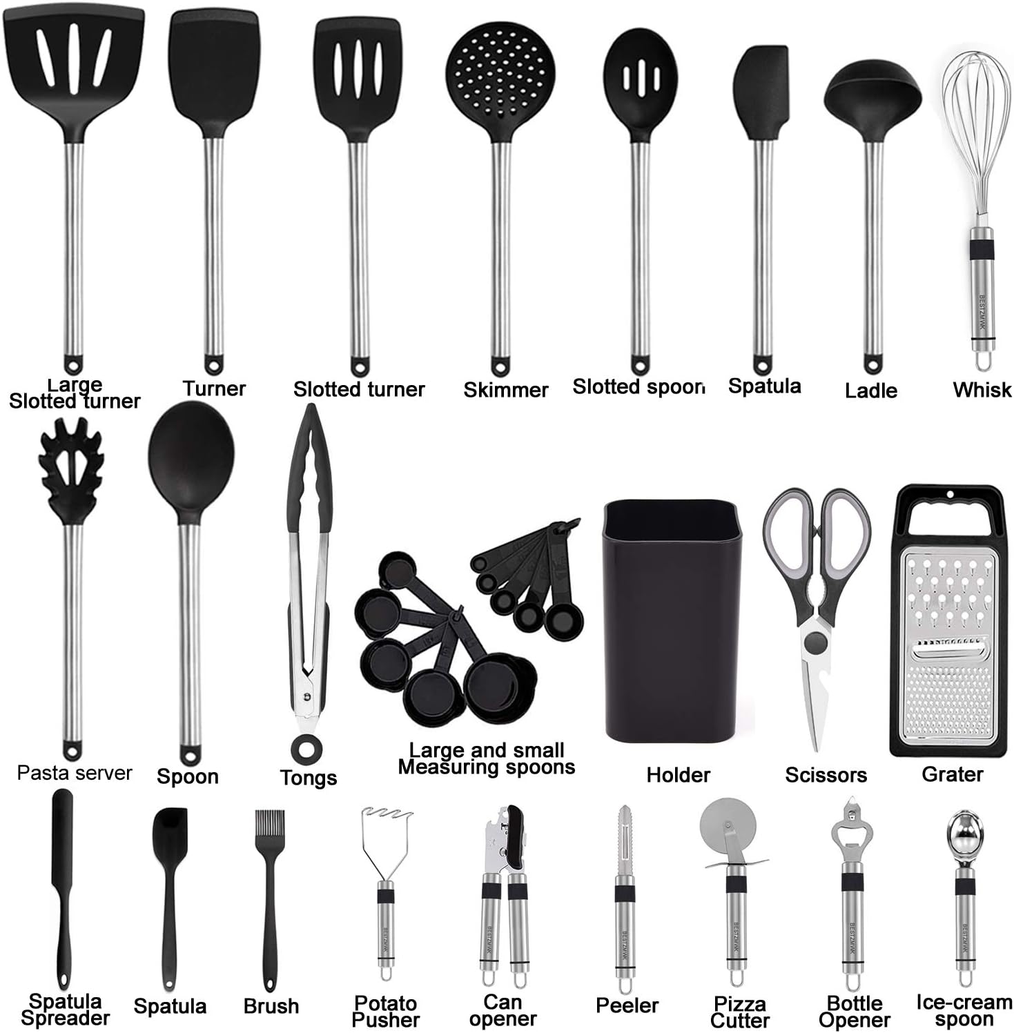 33 Kitchen Gadgets & Spoons for Nonstick Cookware-Silicone and Stainless Steel Spatula Set