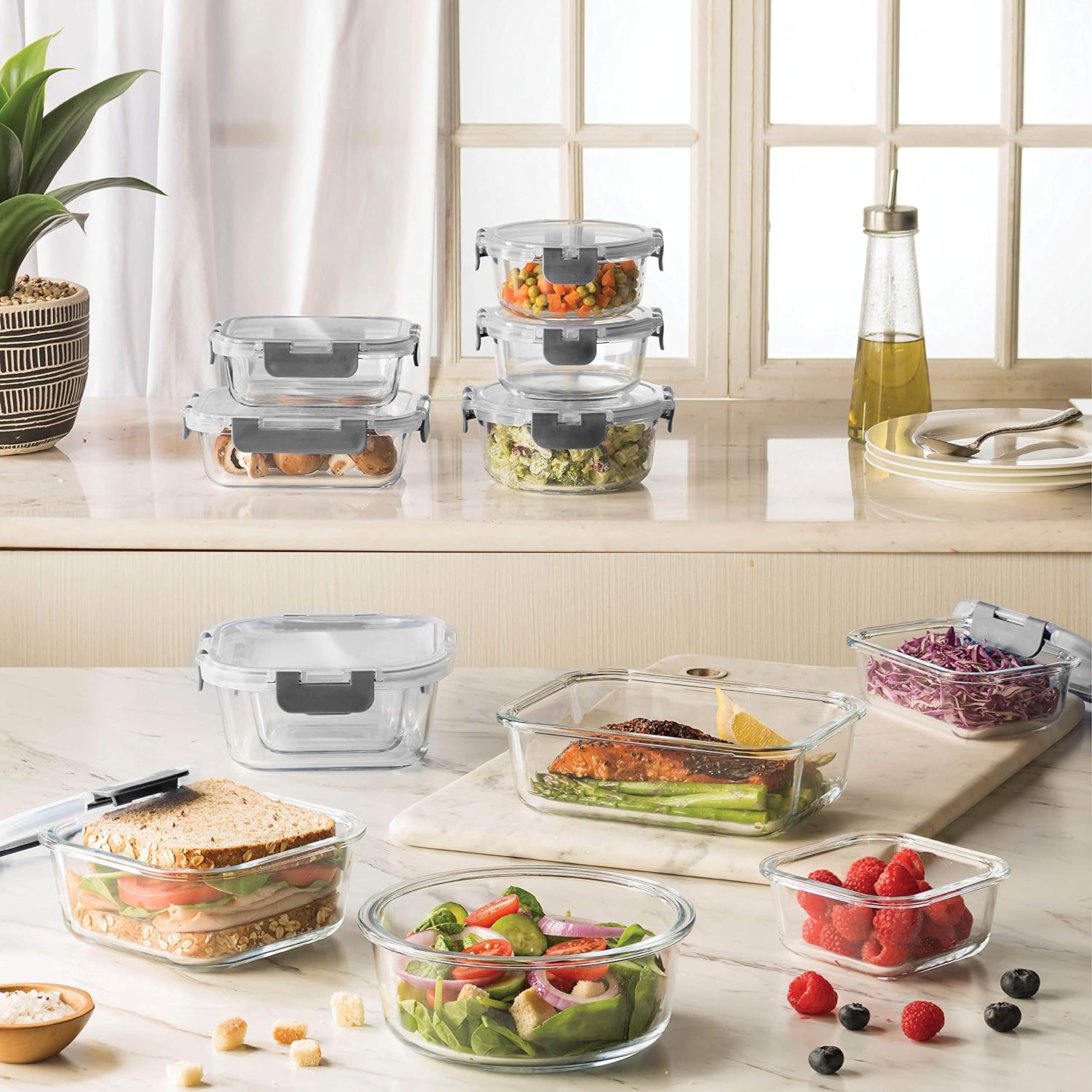 24 Piece Glass Storage Containers with Lids - Leak Proof, Dishwasher Safe Glass Food Storage Containers