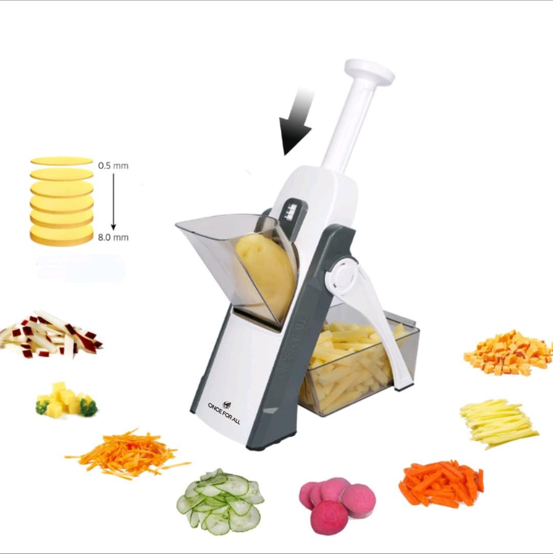 5 in 1 Vegetable Chopper Food Potato Cutter, Strips Julienne Dicer Adjustable Thickness (Gray)