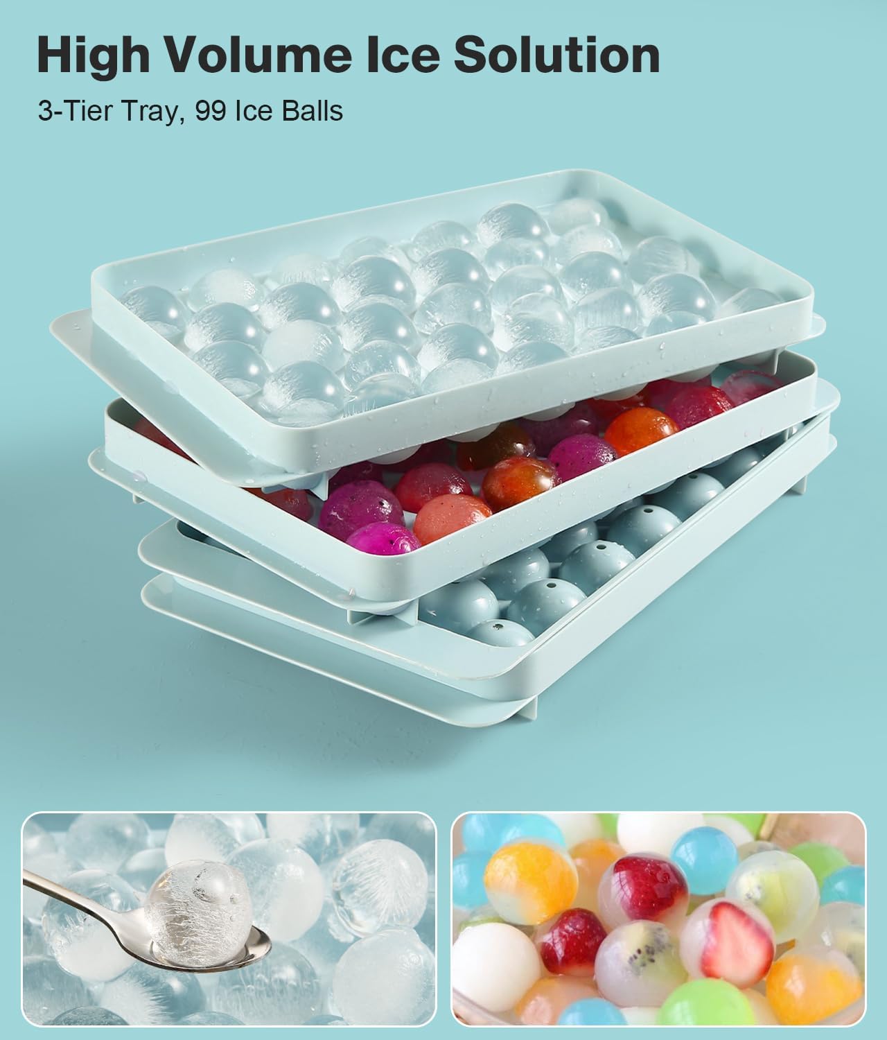 Stackable Round Ice Cube Tray Set with Lid & Bin – Create 99PCS Round Ice Balls, Ice Trays for Freezer