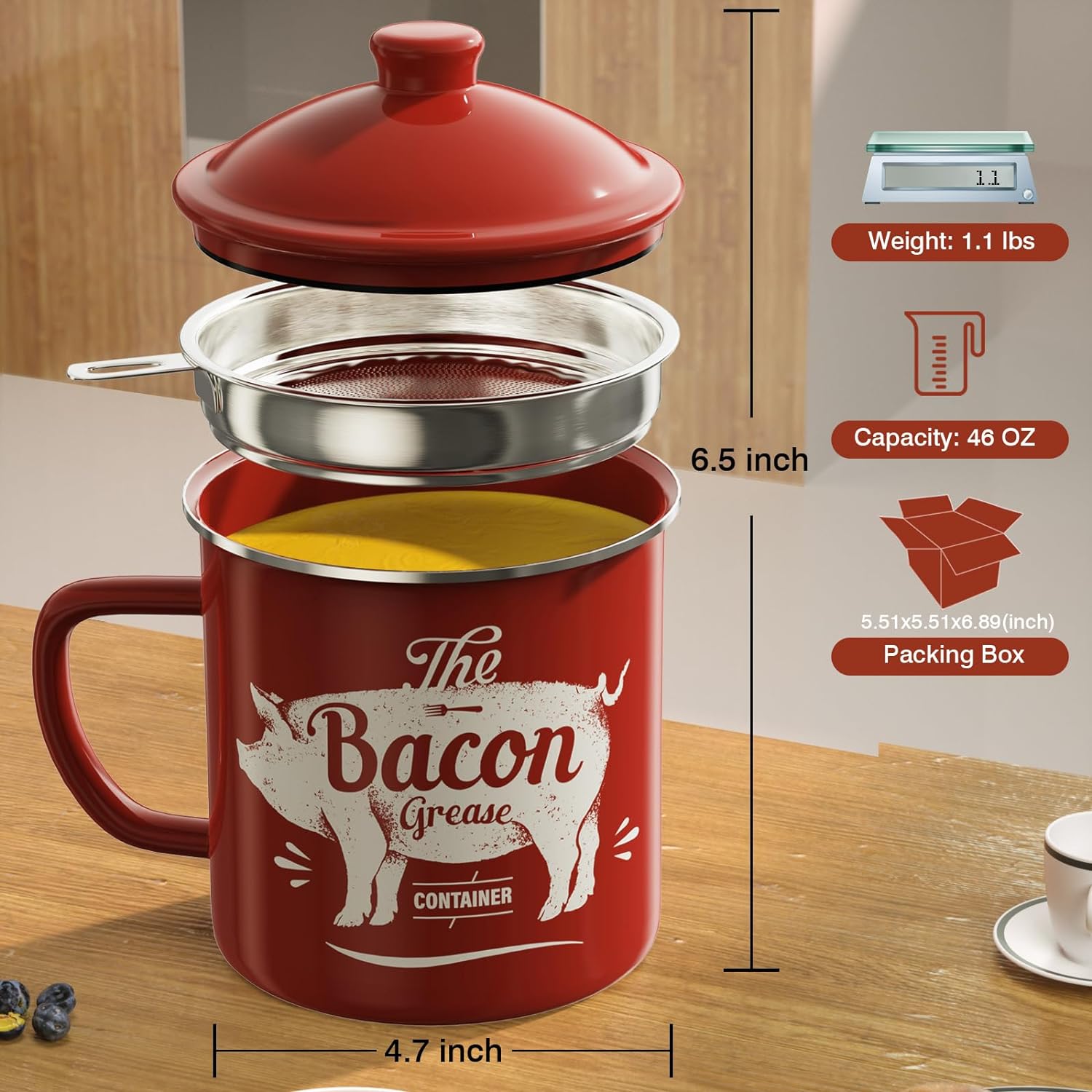 46OZ Large Enamel Grease Container, With Silicone Spatula, Farmhouse Bacon Grease Keeper, Red