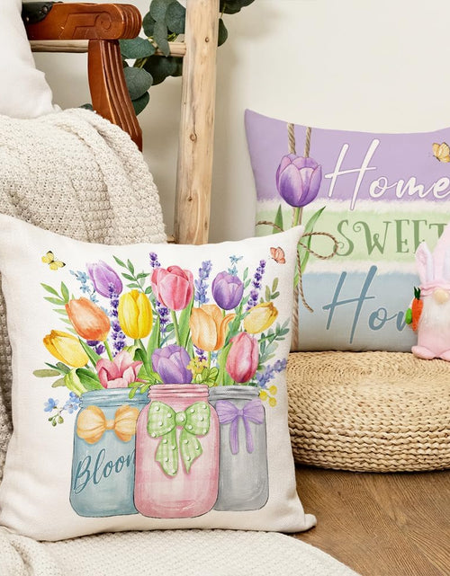 Load image into Gallery viewer, Spring Summer Throw Pillow Covers 18x18 Inch Set of 4, Floral Tulips Mason Jars Home Sweet Home
