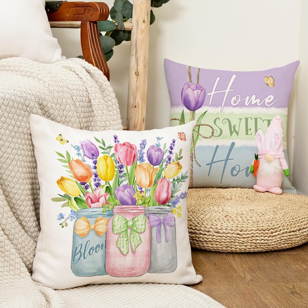 Spring Summer Throw Pillow Covers 18x18 Inch Set of 4, Floral Tulips Mason Jars Home Sweet Home