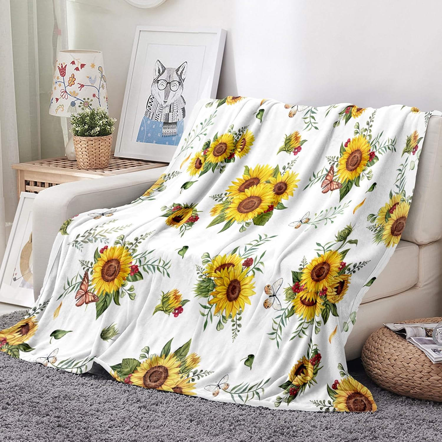 Sunflower Butterfly Throw Blanket Super Soft Flannel Throw Blanket Lightweight, 50"X60"