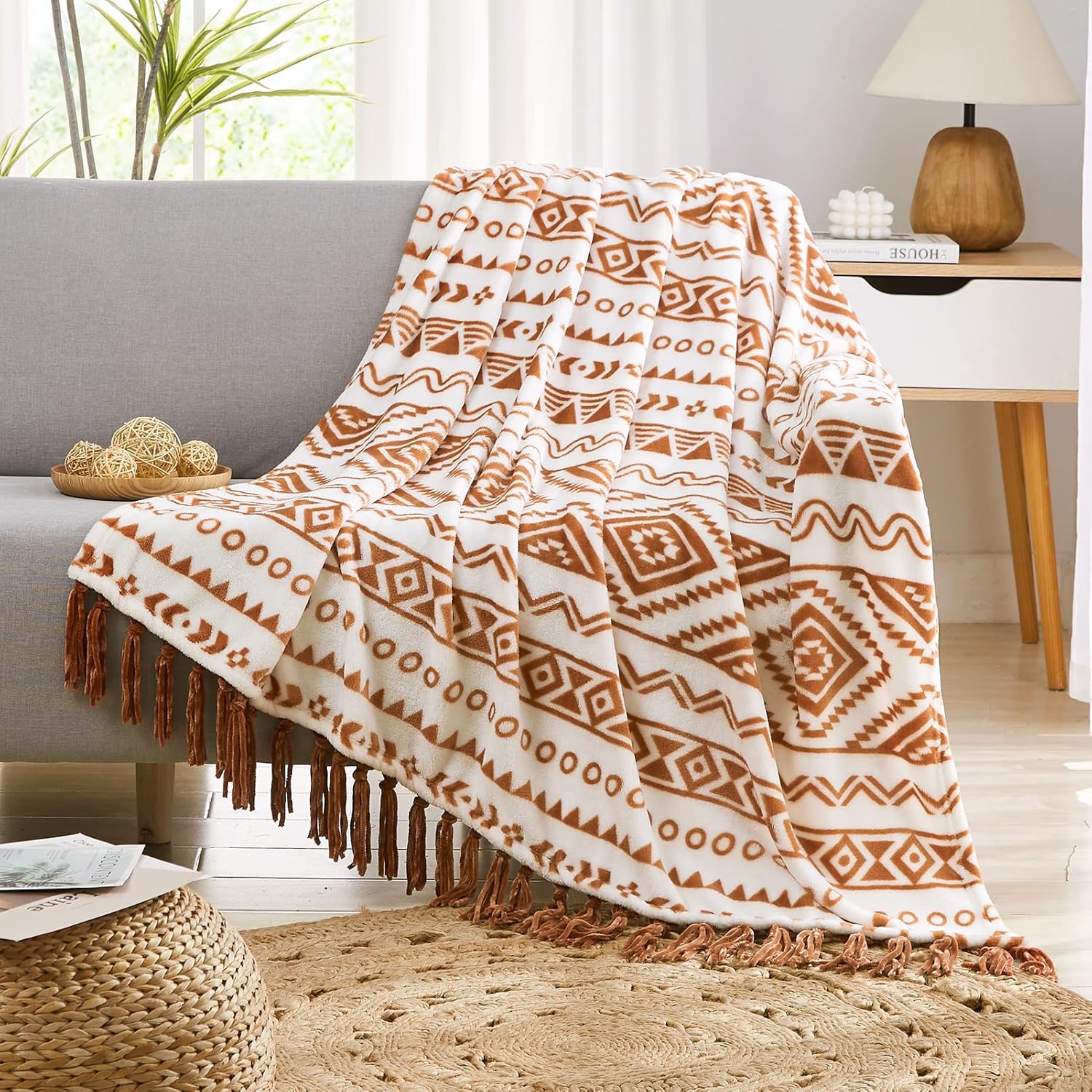 Boho Throw Blanket, Terrcotta Aztec Throw Blankets for Couch Summer (50 * 60 Inches)