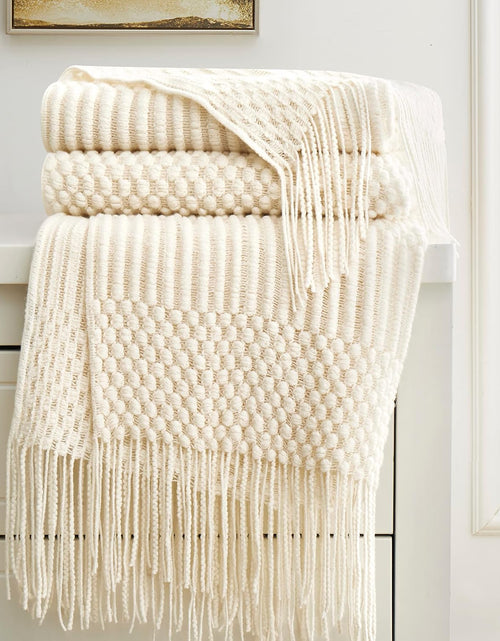 Load image into Gallery viewer, Off White Knitted Throw Blankets for Couch, Decorative Knitted Blankets with Tassel,50&quot;x60&quot;
