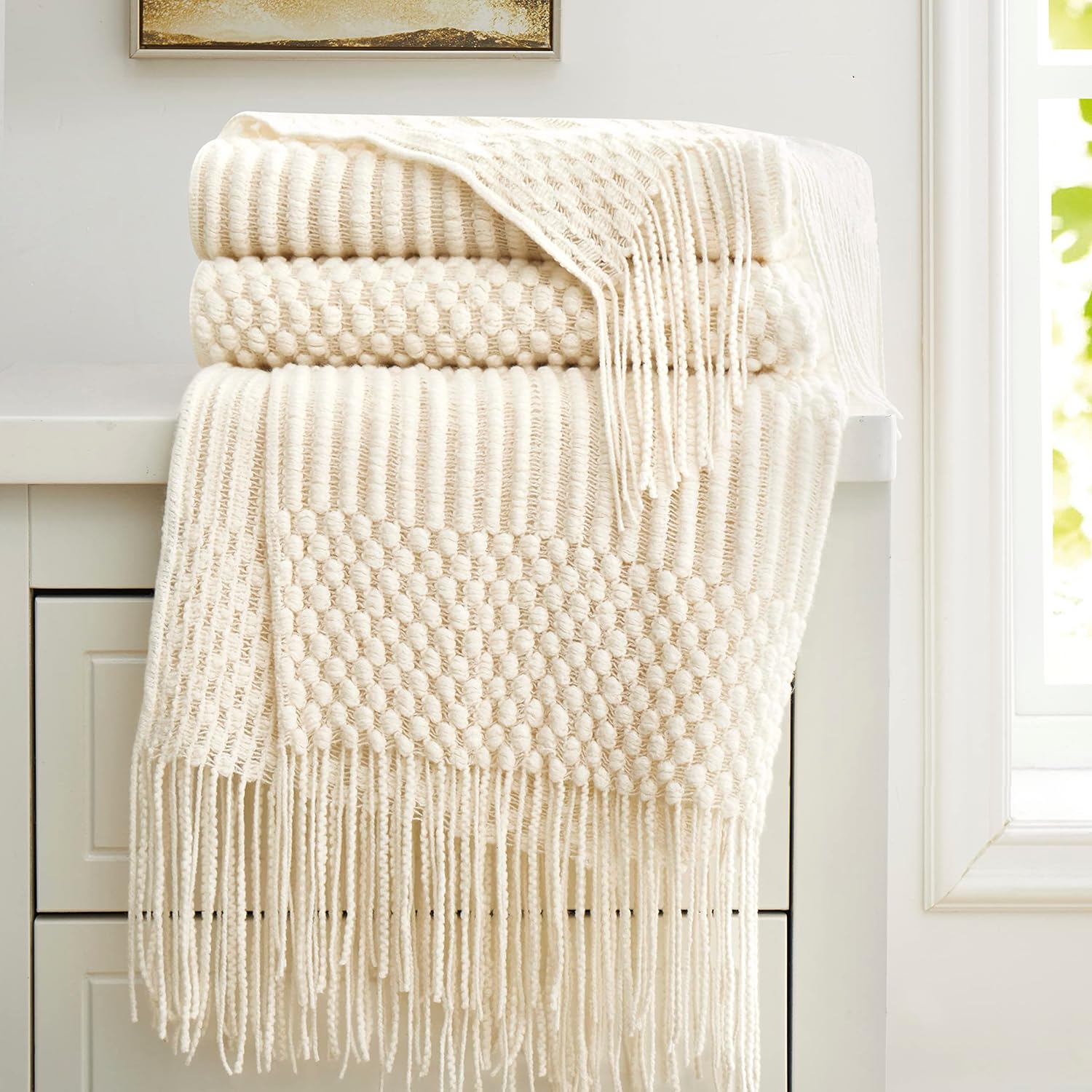 Off White Knitted Throw Blankets for Couch, Decorative Knitted Blankets with Tassel,50"x60"