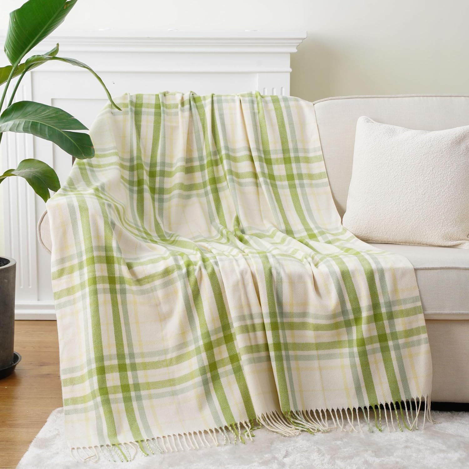 Spring Summer Plaid Throw Blanket for Couch Bed, Decorative White Green Stripe for Home Decor