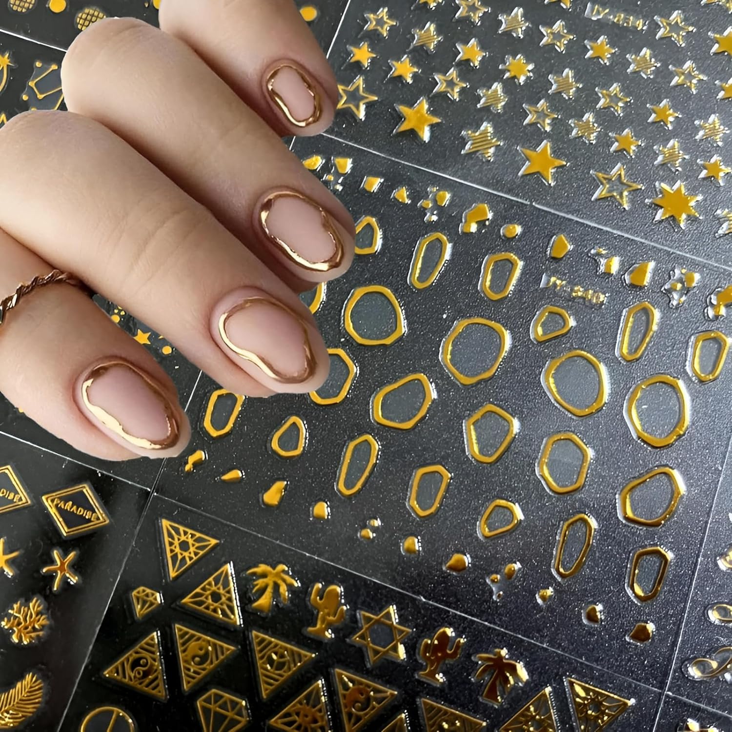 30 Sheets Gold Nail Art Stickers 3D Self-Adhesive Nail Decals Gold Line Star