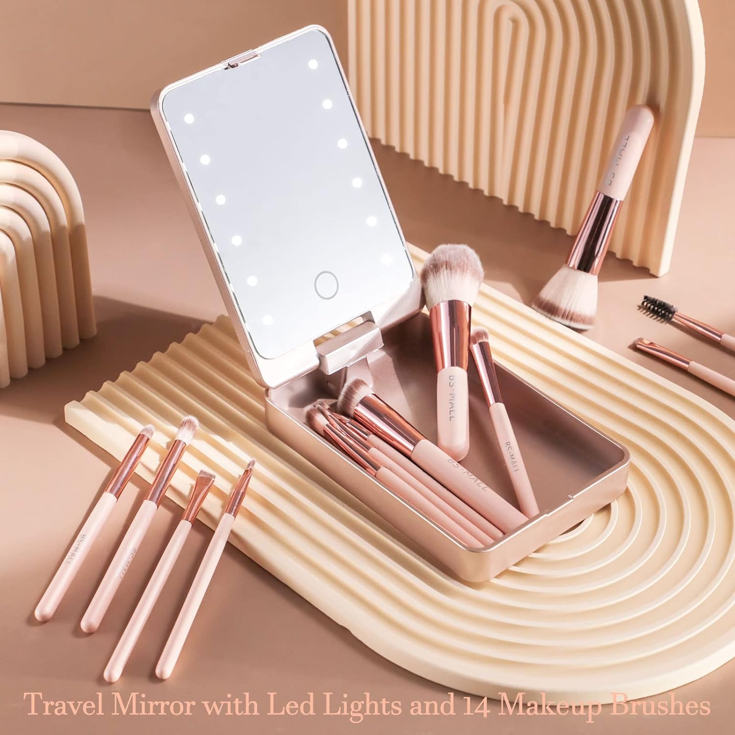 Travel Makeup Brush Set Foundation Powder Concealers Eye Shadows Makeup Set with LED light Mirror 14 Pcs , Pink