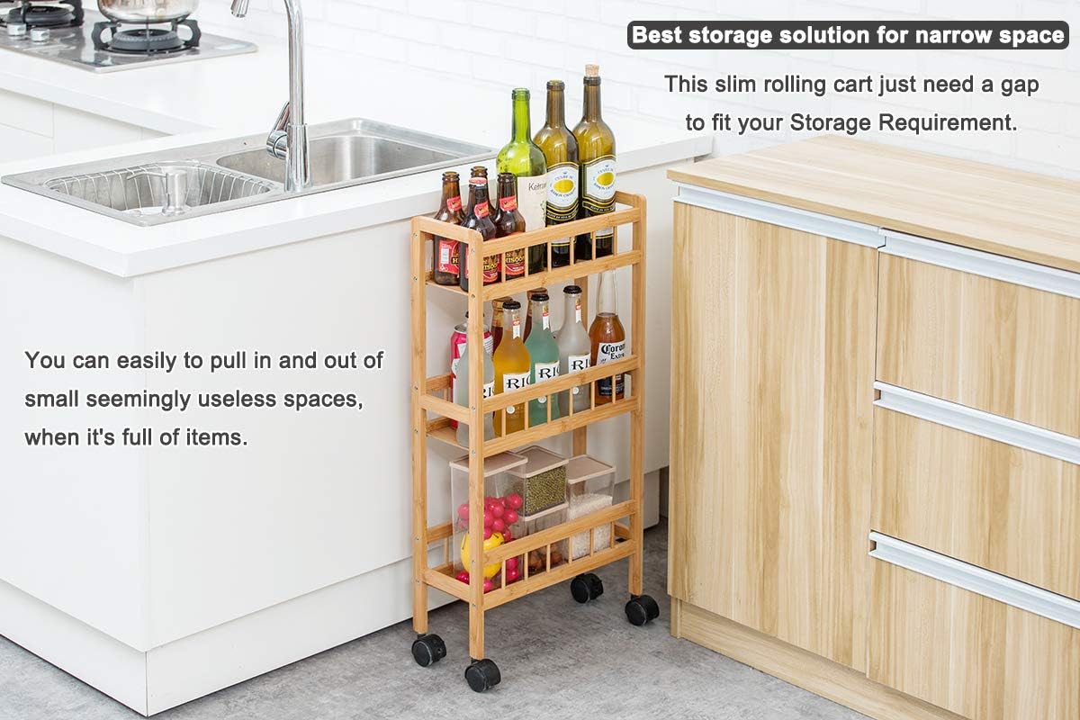 3-Tier Kitchen Removable Storage Cart, Slim Slide Out Rolling Pantry Shelf