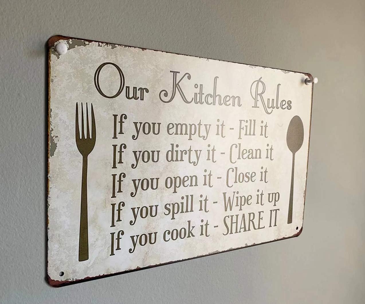 Kitchen Rules Plaque Wall Decor Rustic Metal Tin Sign (12X8-Inch)