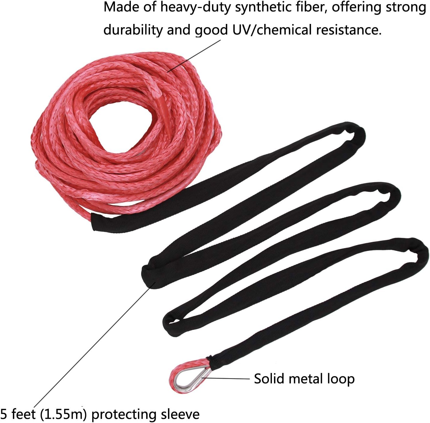 3/16" x 50' 7000LBs Synthetic Winch Line Cable Rope with Black Protecing Sleeve for ATV UTV (Red)