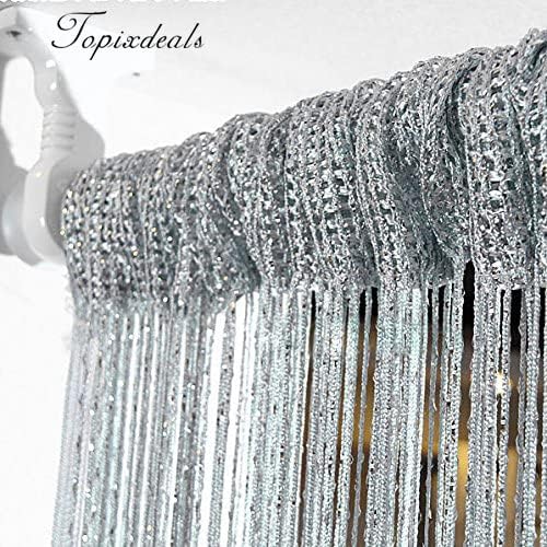 Silver / Grey String Door Curtains Window Panel Room Divider Crystal Tassel Fringe, 2 Pack