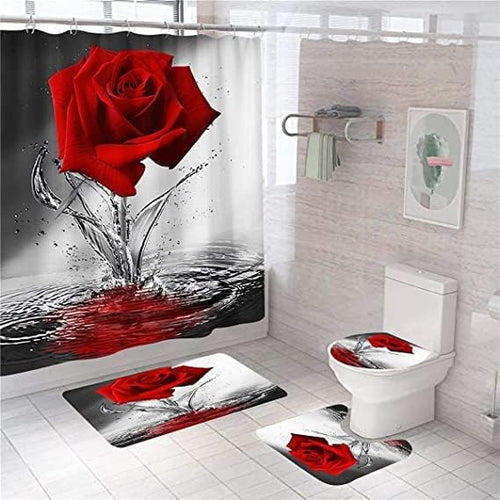 Load image into Gallery viewer, 4PCS Red Rose Shower Curtain Sets with Non-Slip Rugs ,Toilet Lid Cover and Bath Mat
