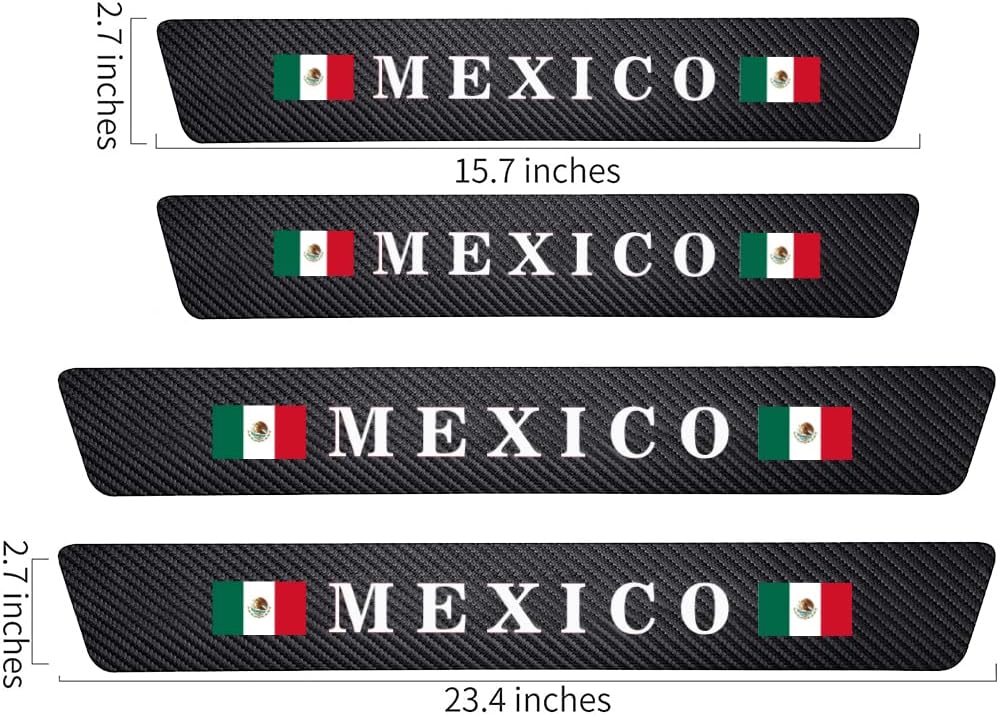 4pcs Mexico Mexican Flag Carbon Fiber Car Door Front/Rear Sill Plate Protectors, Reflective Sticker