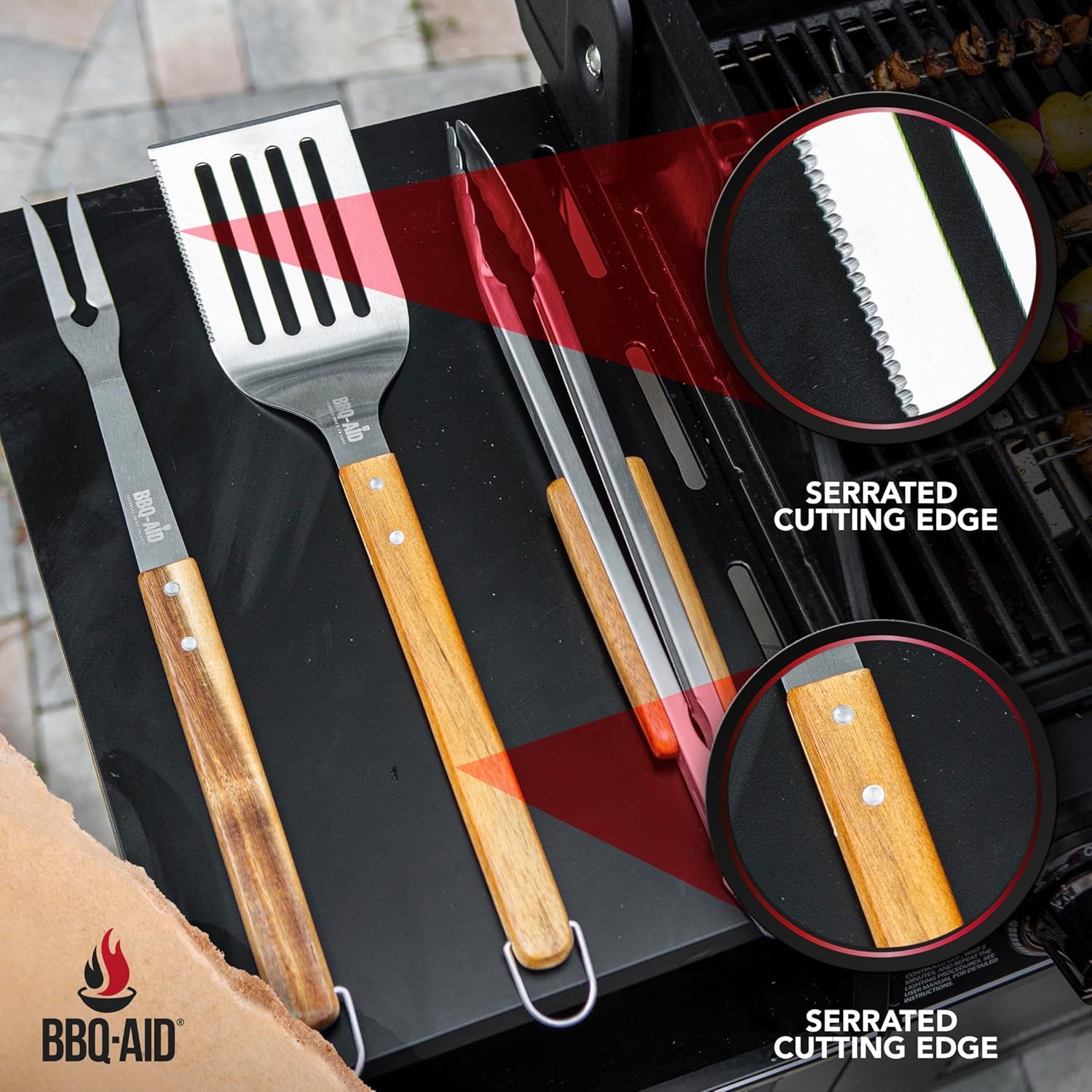 3 Piece Grill Set BBQ Accessories - Kitchen Tongs, Metal Spatula & Fork Utensils