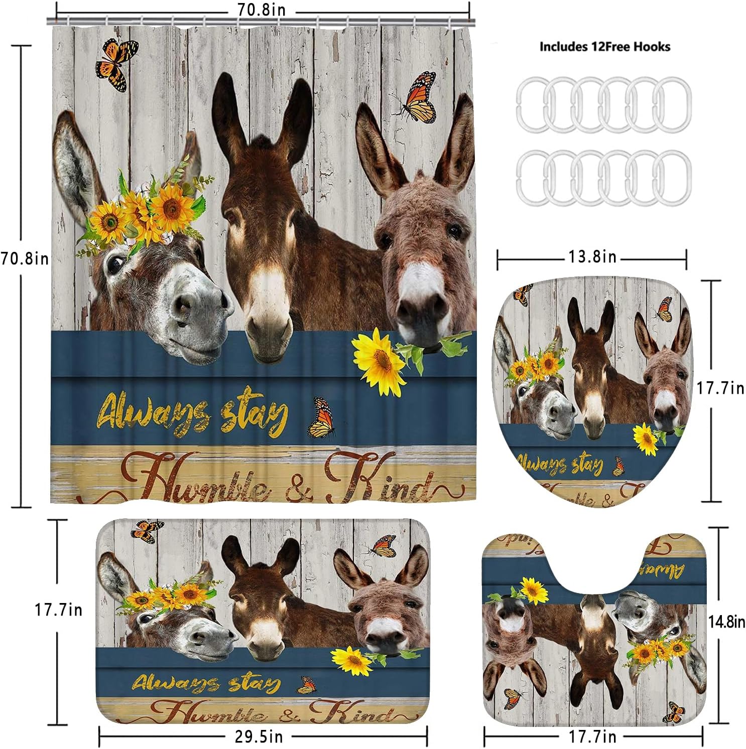 4PCS Farm Animal Shower Curtain Set Sunflower Country Rustic Farmhouse Bathroom Decor Set