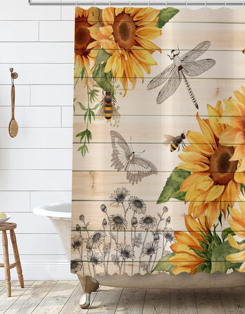 Load image into Gallery viewer, Sunflower Shower Curtain, Country Wooden Plank Yellow Floral Bee Dragonfly Machine Washable Waterproof, 72Wx74H
