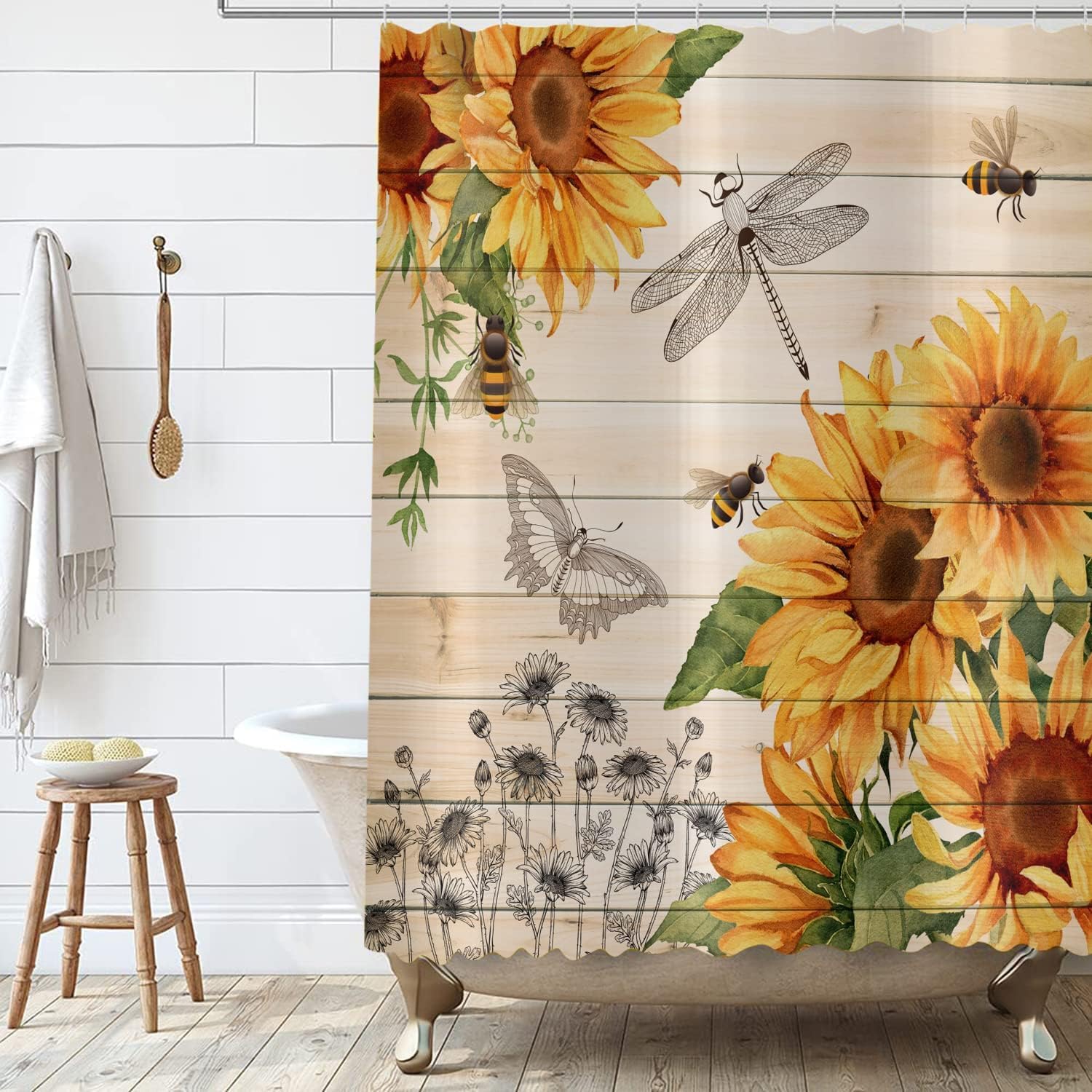 Sunflower Shower Curtain, Country Wooden Plank Yellow Floral Bee Dragonfly Machine Washable Waterproof, 72Wx74H