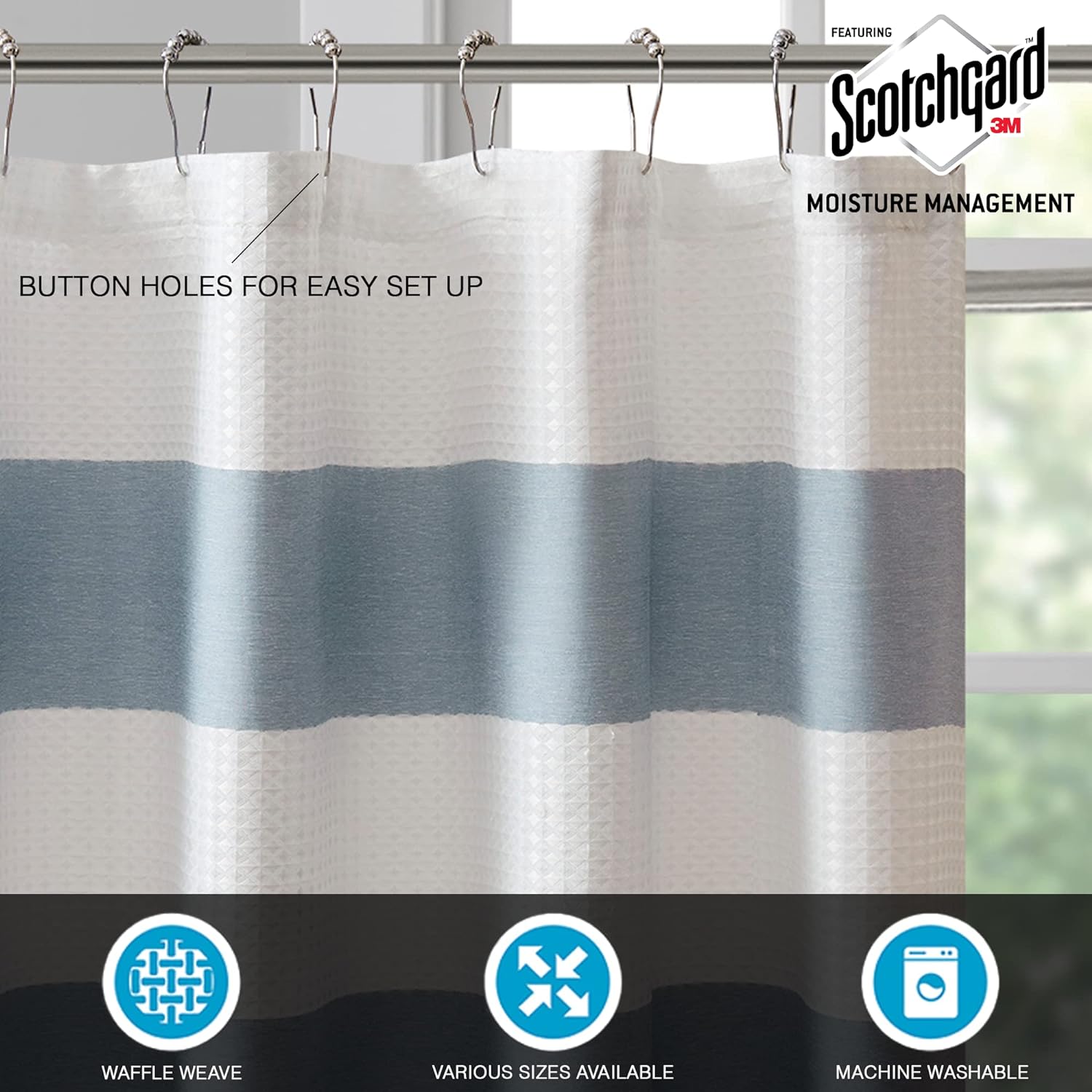 Waffle Weave Pieced Design Fabric Shower Curtain with 3M Scotchgard Moisture Management, Standard 72"x72" Blue