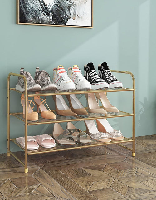 Load image into Gallery viewer, 3-Tier Stackable Shoe Rack, Expandable &amp; Adjustable Shoe Shelf Storage Organizer, Metal Mesh, Gold
