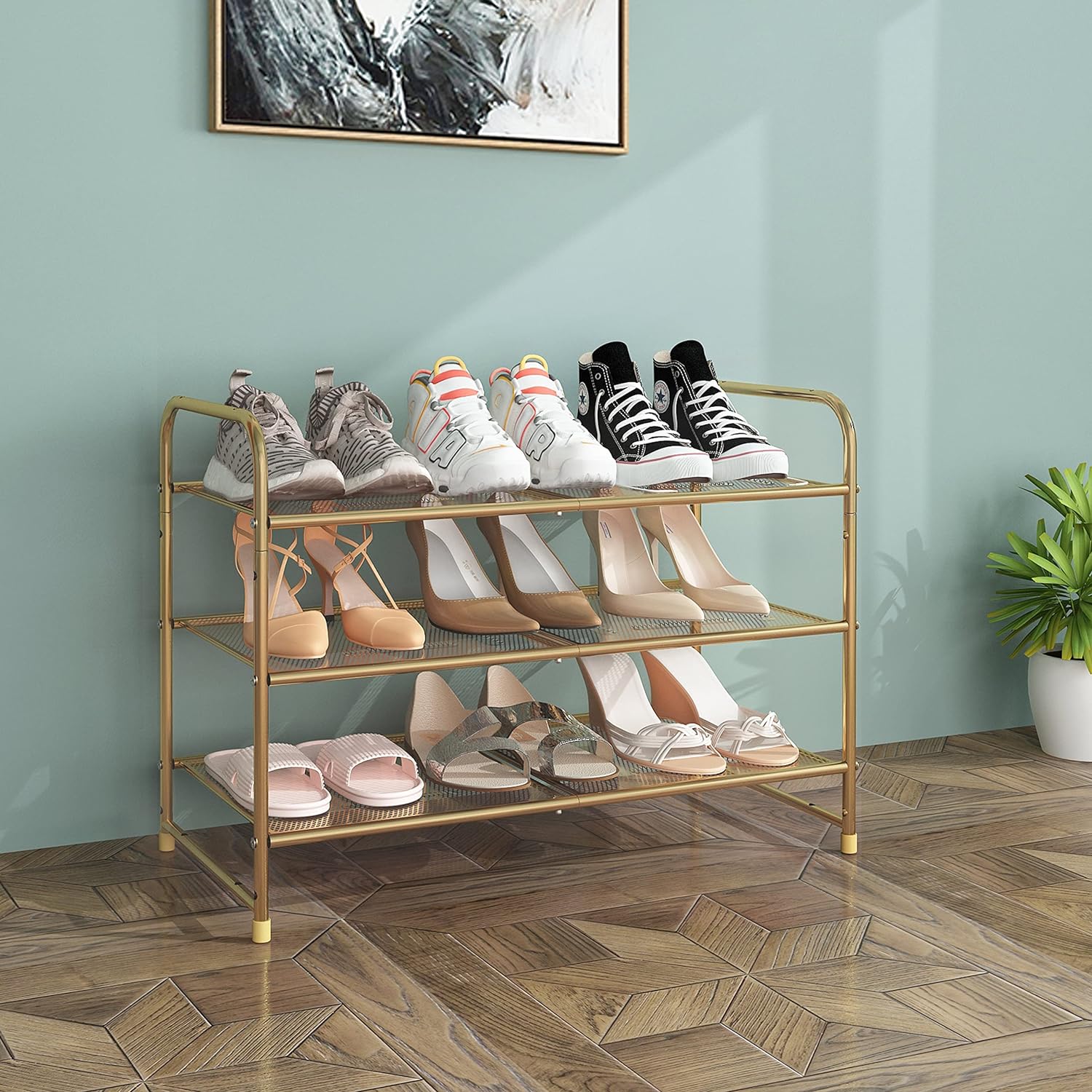 3-Tier Stackable Shoe Rack, Expandable & Adjustable Shoe Shelf Storage Organizer, Metal Mesh, Gold