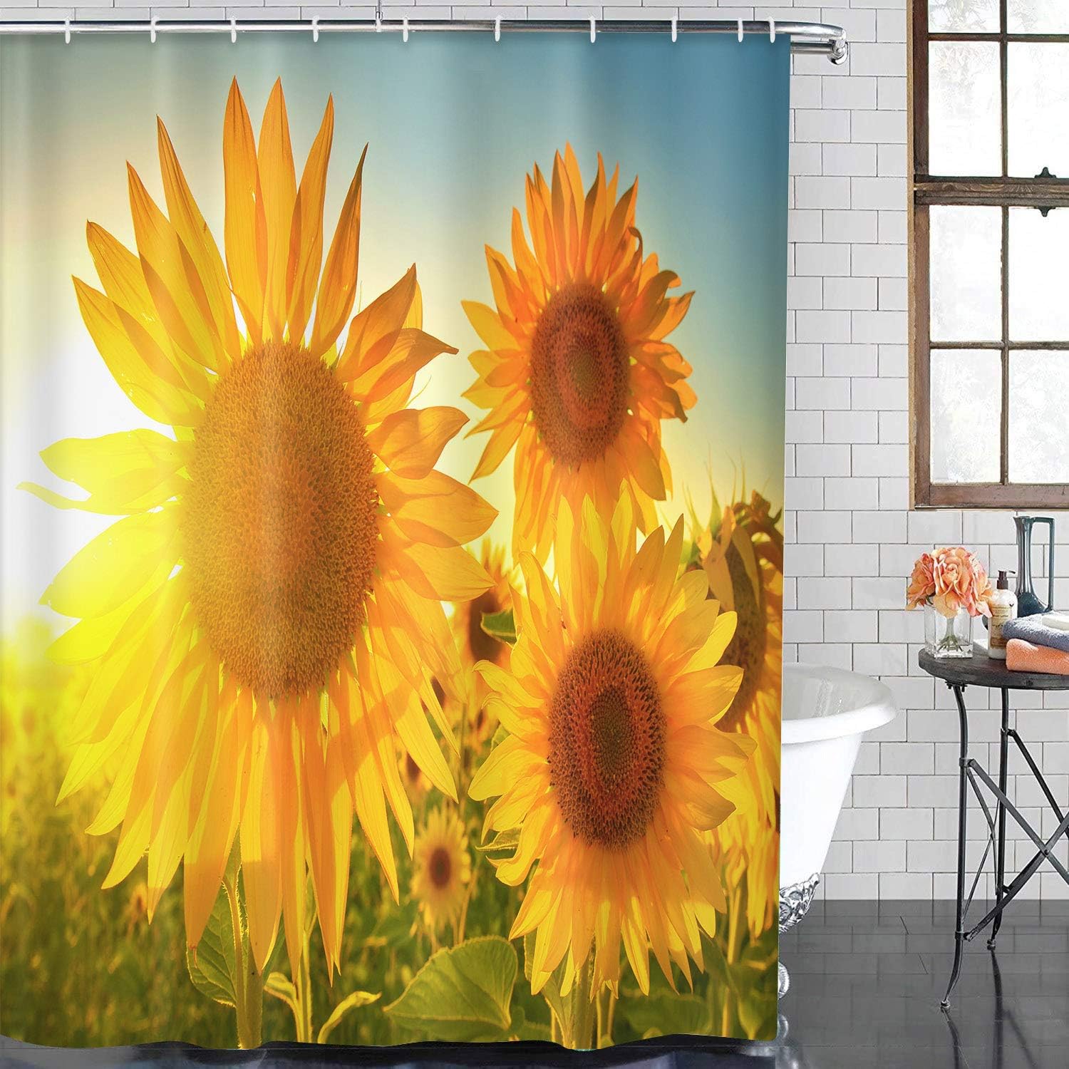 4 Pcs Shower Curtain Set Sunflowers Countryside Field Floral Sunset Yellow with Non-Slip Rugs Toilet Lid Cover , 72" x 72"