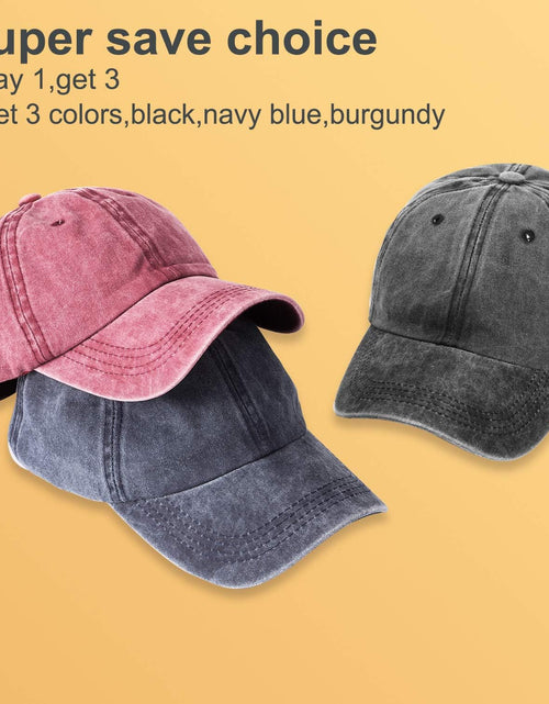 Load image into Gallery viewer, 3 Pack Washed Plain Baseball Cap, Retro Adjustable Dad Hats Gift (Black,blue+burgundy)
