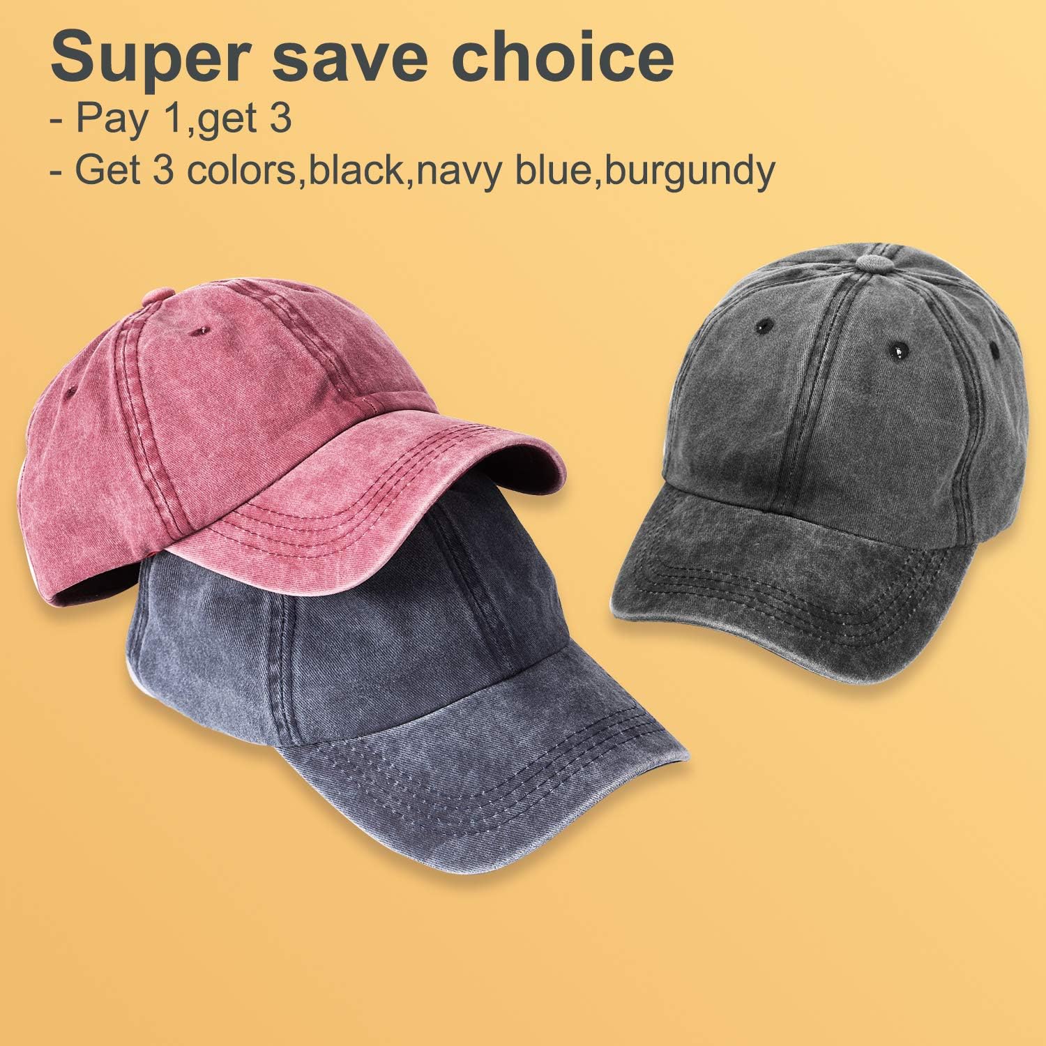 3 Pack Washed Plain Baseball Cap, Retro Adjustable Dad Hats Gift (Black,blue+burgundy)