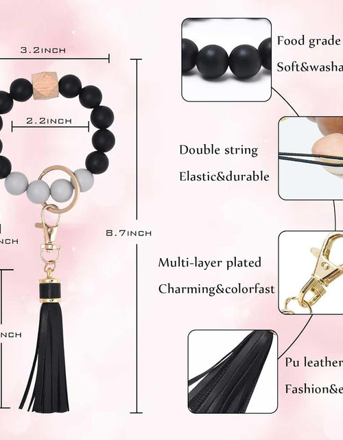 Load image into Gallery viewer, Silicone Beaded Bracelet Keychain Wristlet Key Ring Bangle Chains for Women with Leather Tassel, Black
