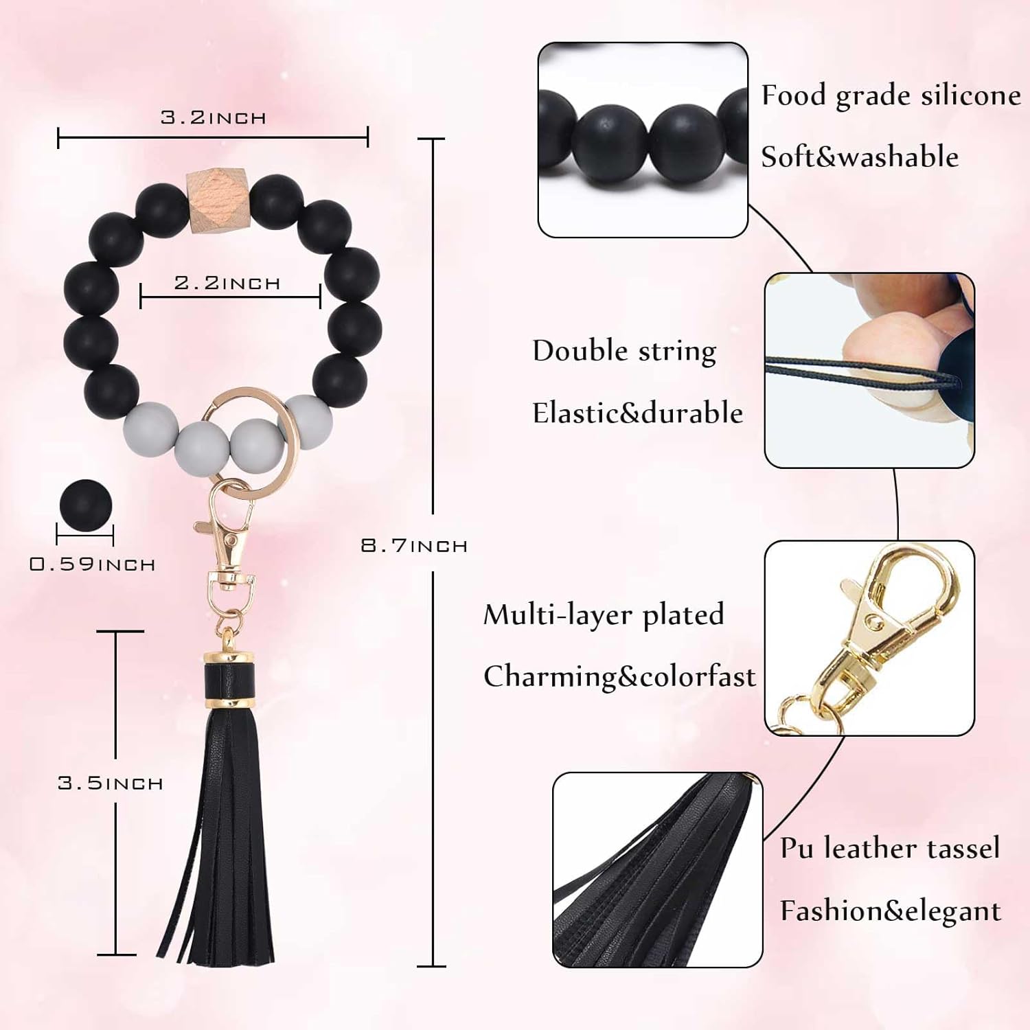 Silicone Beaded Bracelet Keychain Wristlet Key Ring Bangle Chains for Women with Leather Tassel, Black