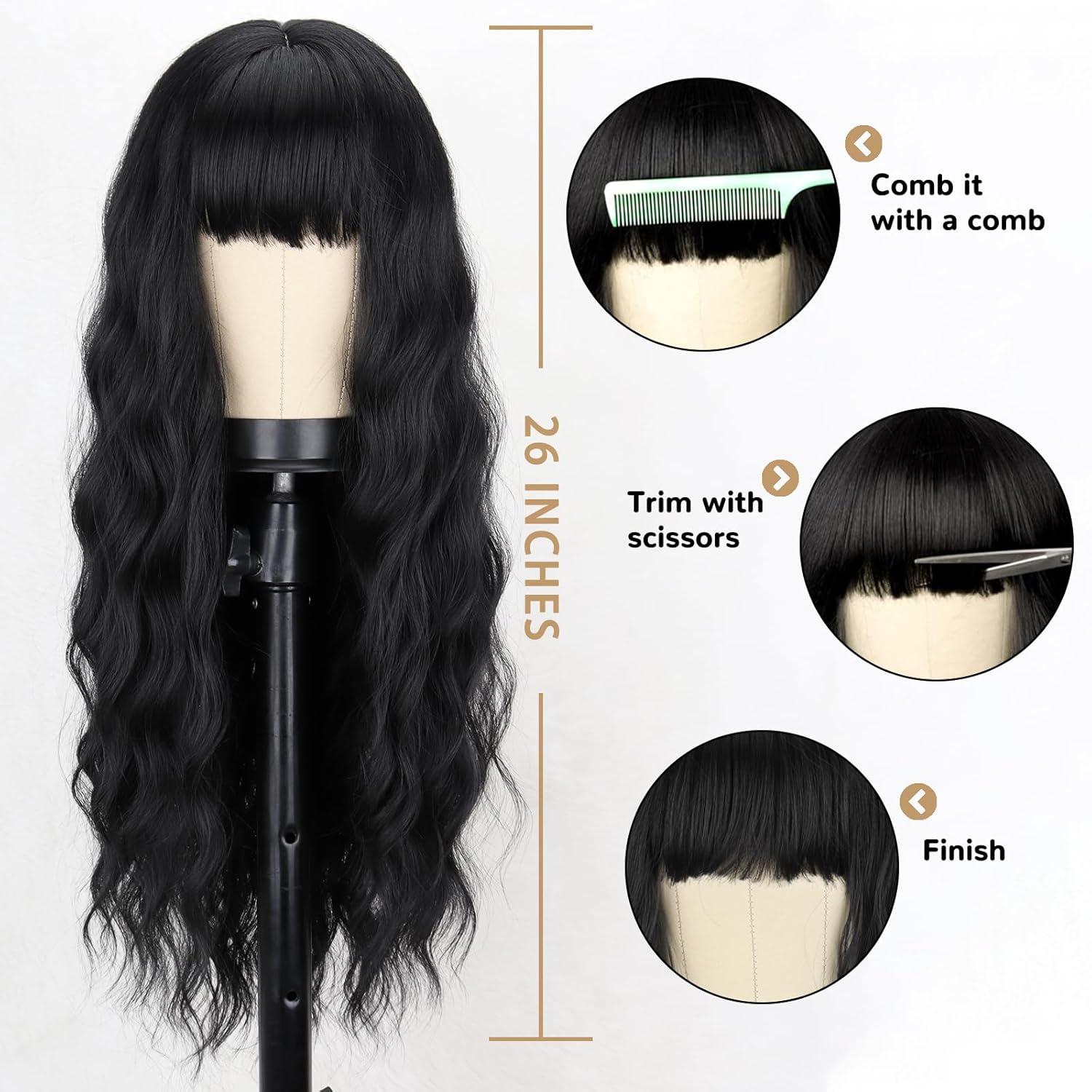 26 Inches Synthetic Wavy Bang Black Wigs for Women, Women Long Curly Heat Resistant