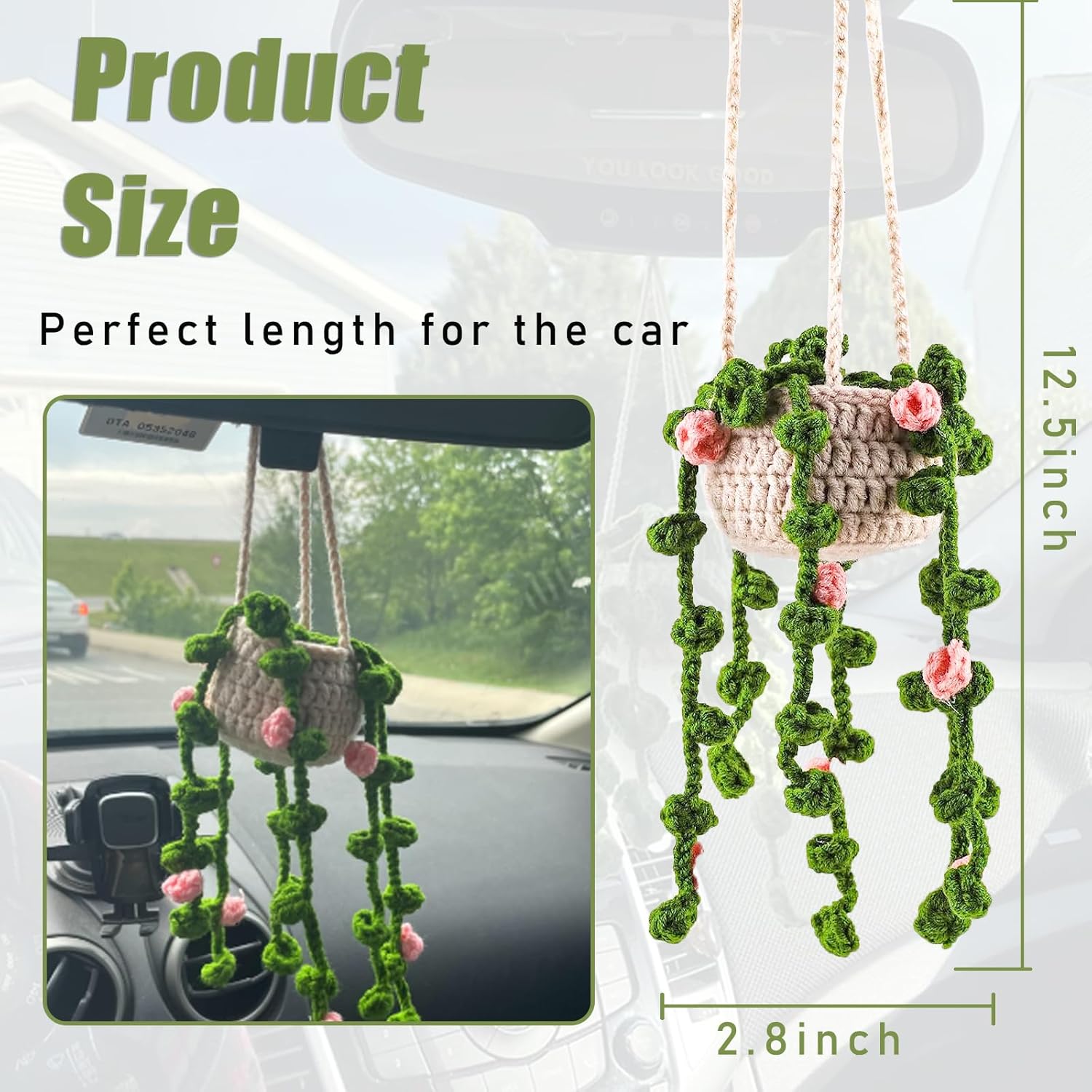 Cute Auto Pendant Crochet Plants Hanging Baskets, Boho Car Plants Crochet Rear View Mirror Accessories, Style 2