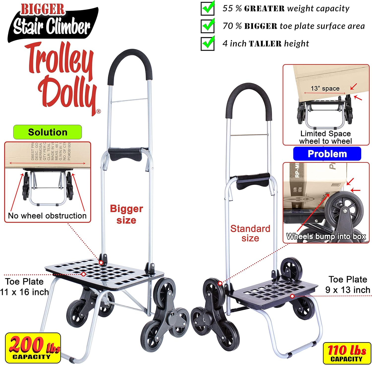 Stair Climber Bigger Trolley Dolly, Black Grocery Shopping Foldable Cart Condo Apartment 44 Inch