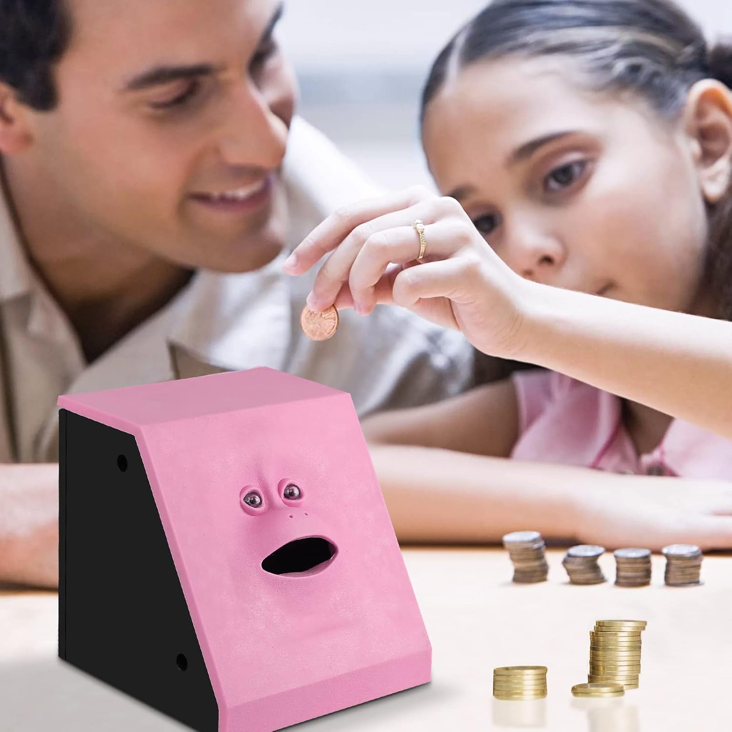 Face Bank Coin Eating Savings Bank, Blue Coin Money Box Piggy Banks for Kids Battery Operated (Pink)